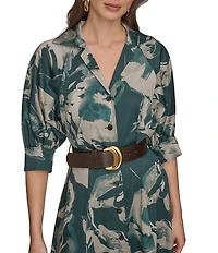 Donna Karan Cotton Sateen Floral Print Button Front Midi Dress