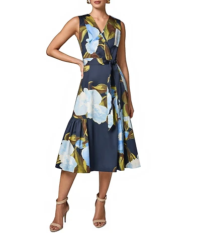 Donna Karan Cotton Sateen Floral Print Surplice Neck Midi Dress