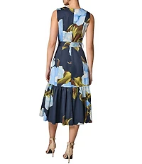 Donna Karan Cotton Sateen Floral Print Surplice Neck Midi Dress