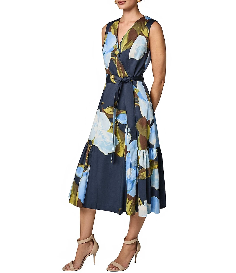 Donna Karan Cotton Sateen Floral Print Surplice Neck Midi Dress