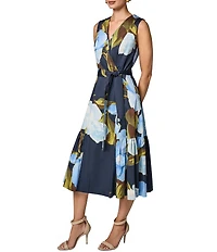 Donna Karan Cotton Sateen Floral Print Surplice Neck Midi Dress