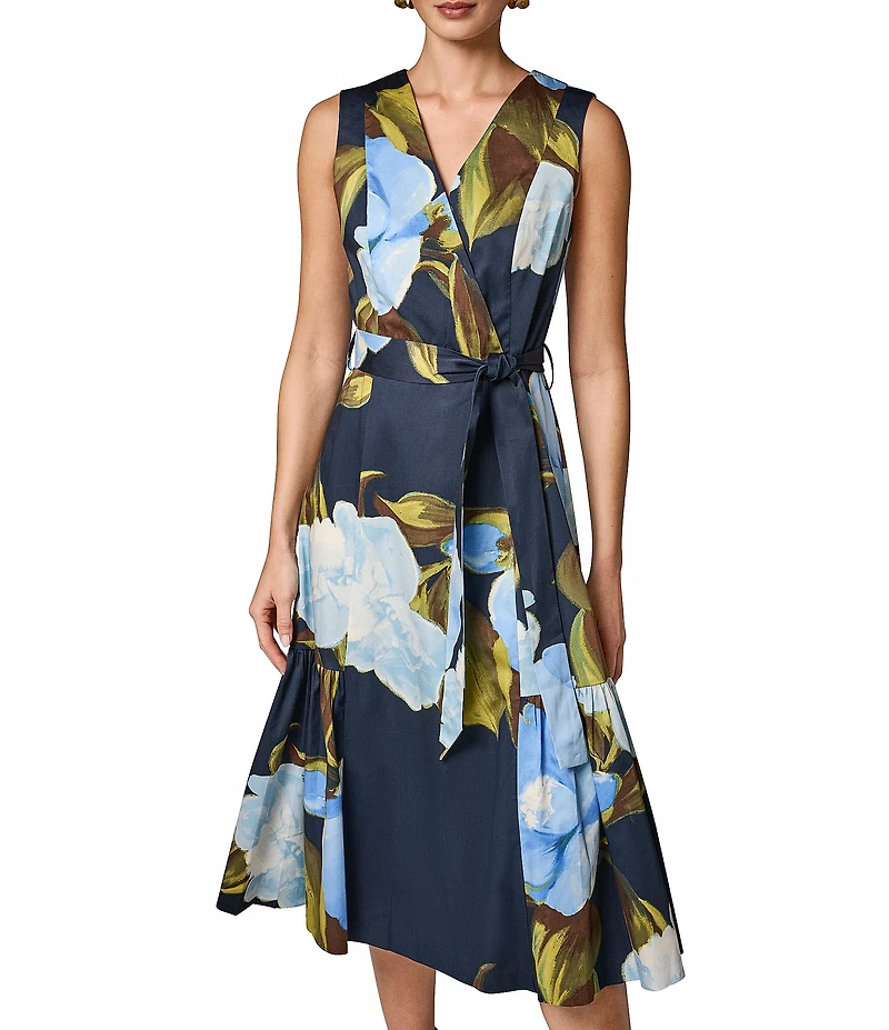Donna Karan Cotton Sateen Floral Print Surplice Neck Midi Dress