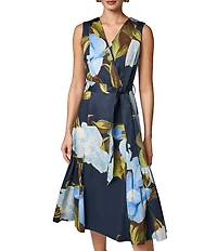 Donna Karan Cotton Sateen Floral Print Surplice Neck Midi Dress