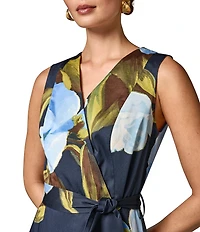 Donna Karan Cotton Sateen Floral Print Surplice Neck Midi Dress