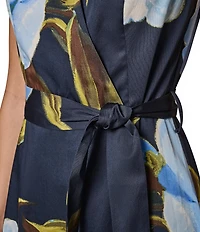 Donna Karan Cotton Sateen Floral Print Surplice Neck Midi Dress