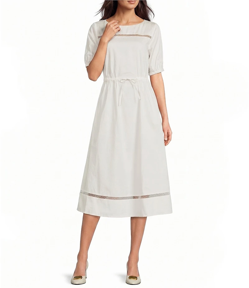 Donna Karan Cotton Sateen Lattice Inset Jewel Neck Short Puff Sleeve Tie Waist Midi Dress