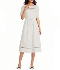 Donna Karan Cotton Sateen Lattice Inset Jewel Neck Short Puff Sleeve Tie Waist Midi Dress