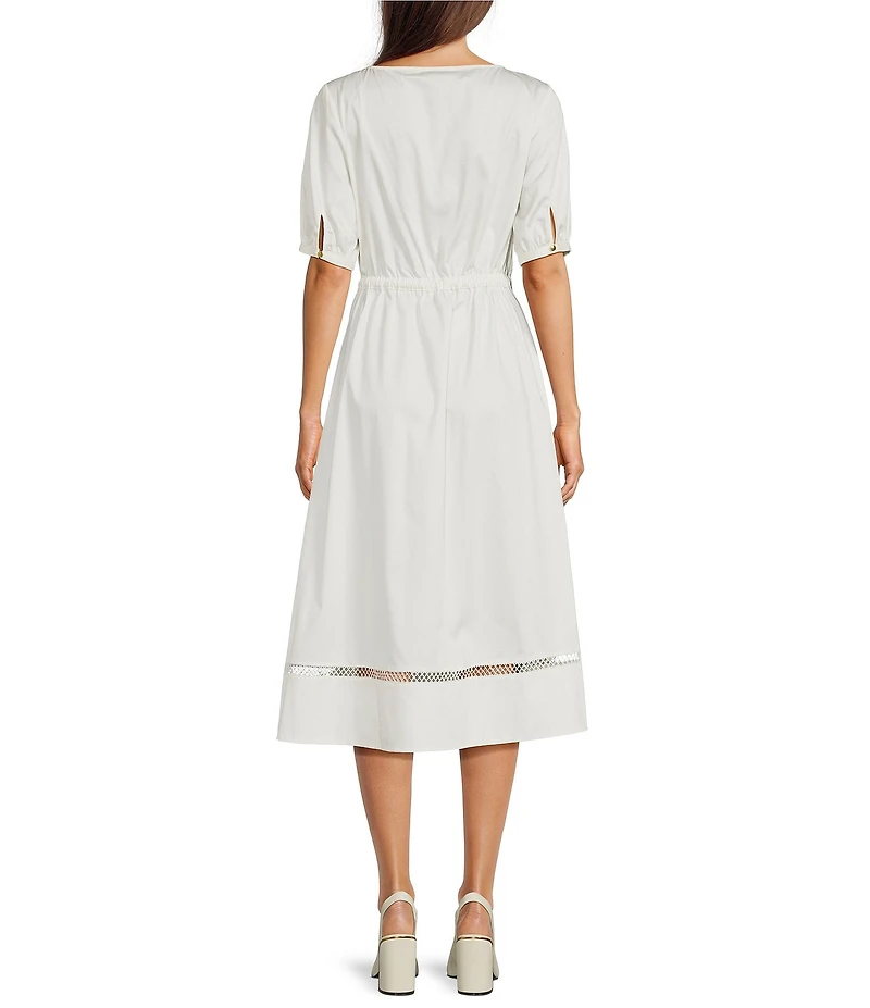 Donna Karan Cotton Sateen Lattice Inset Jewel Neck Short Puff Sleeve Tie Waist Midi Dress