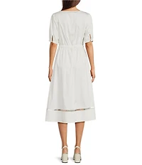 Donna Karan Cotton Sateen Lattice Inset Jewel Neck Short Puff Sleeve Tie Waist Midi Dress