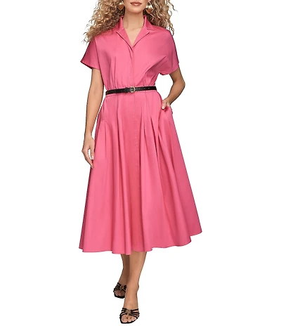 Donna Karan Cotton Sateen Notch Collar Short Sleeve Belted Button Front Midi Shirt Dress
