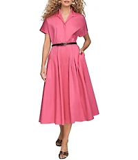 Donna Karan Cotton Sateen Notch Collar Short Sleeve Belted Button Front Midi Shirt Dress