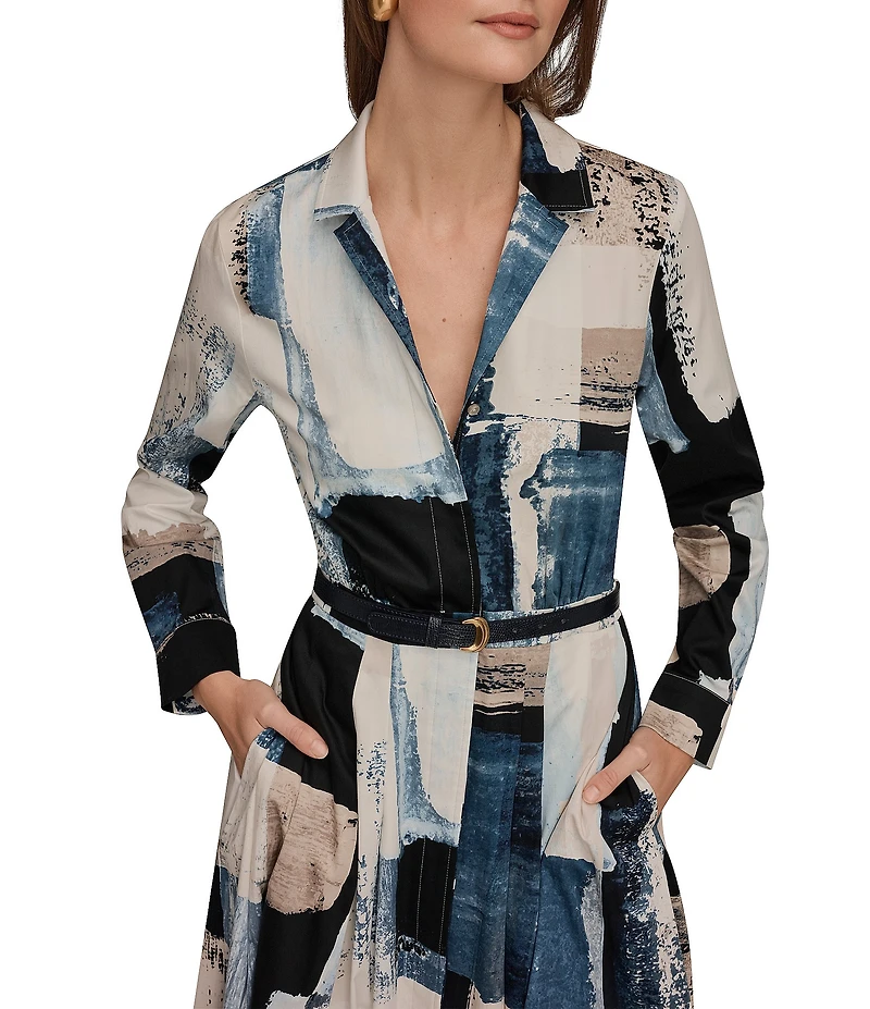 Donna Karan Cotton Sateen Printed Point Collar Long Sleeve Button-Front Midi Dress