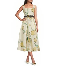 Donna Karan Cotton Square Neck Sleeveless Floral Print Midi Dress