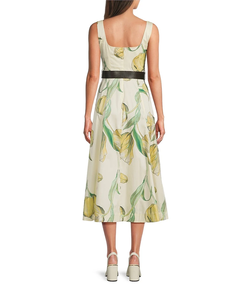 Donna Karan Cotton Square Neck Sleeveless Floral Print Midi Dress