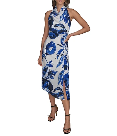 Donna Karan Cowl Neck Floral Print Asymmetric Hem Midi Dress