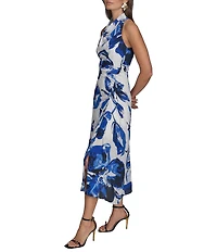 Donna Karan Cowl Neck Floral Print Asymmetric Hem Midi Dress