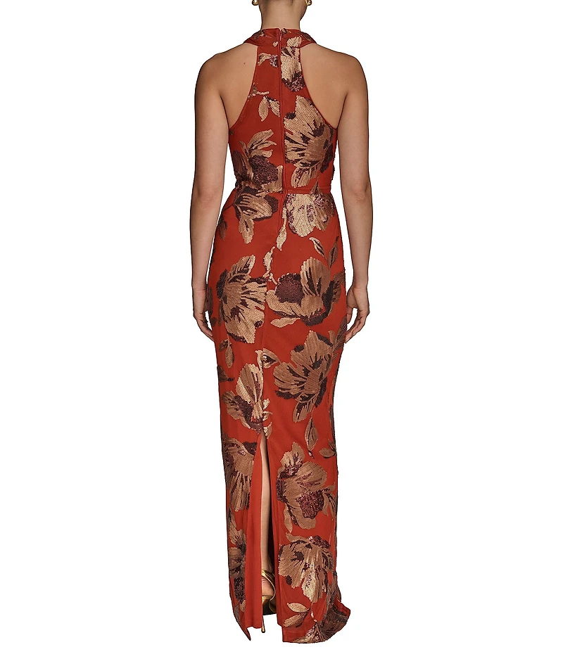 Donna Karan Cowl Neck Floral Sequin Sheath Dress