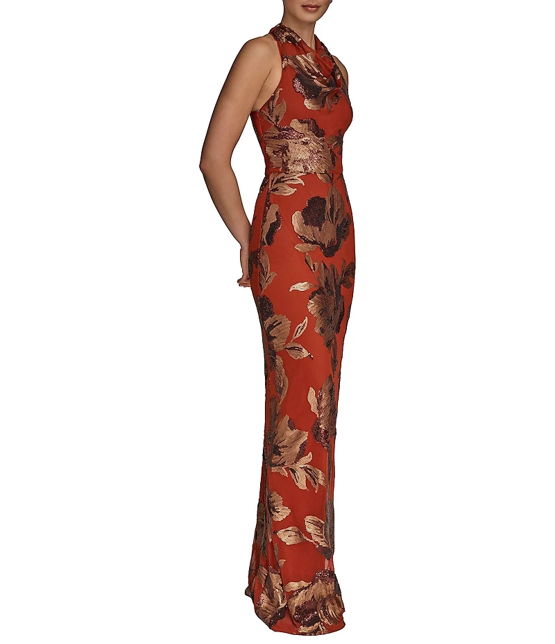 Donna Karan Cowl Neck Floral Sequin Sheath Dress