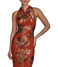 Donna Karan Cowl Neck Floral Sequin Sheath Dress