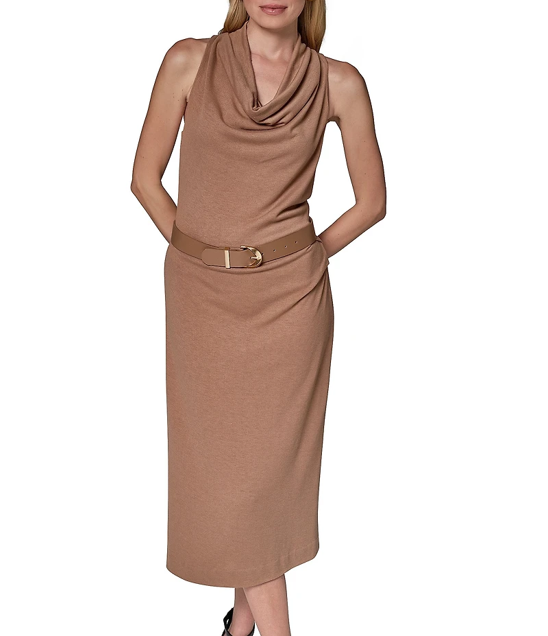 Donna Karan Cowl Neck Sleeveless Belted Midi Length Sheath Dress