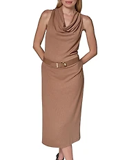 Donna Karan Cowl Neck Sleeveless Belted Midi Length Sheath Dress