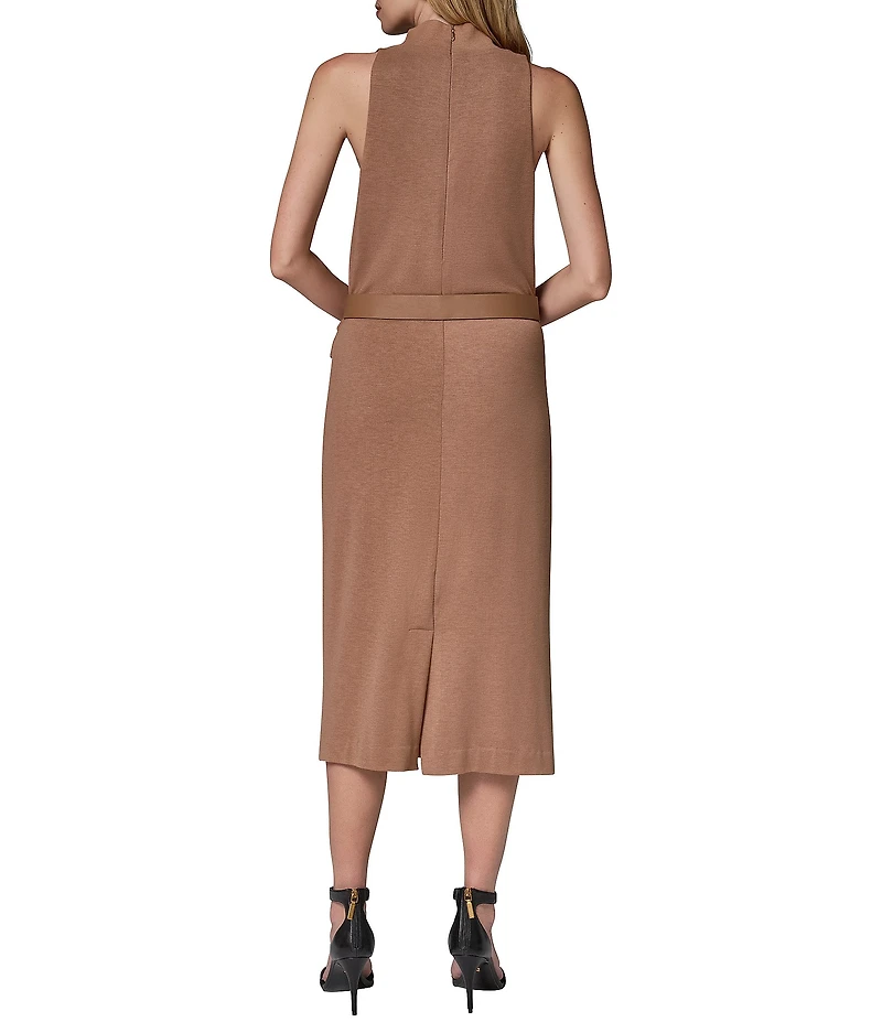 Donna Karan Cowl Neck Sleeveless Belted Midi Length Sheath Dress