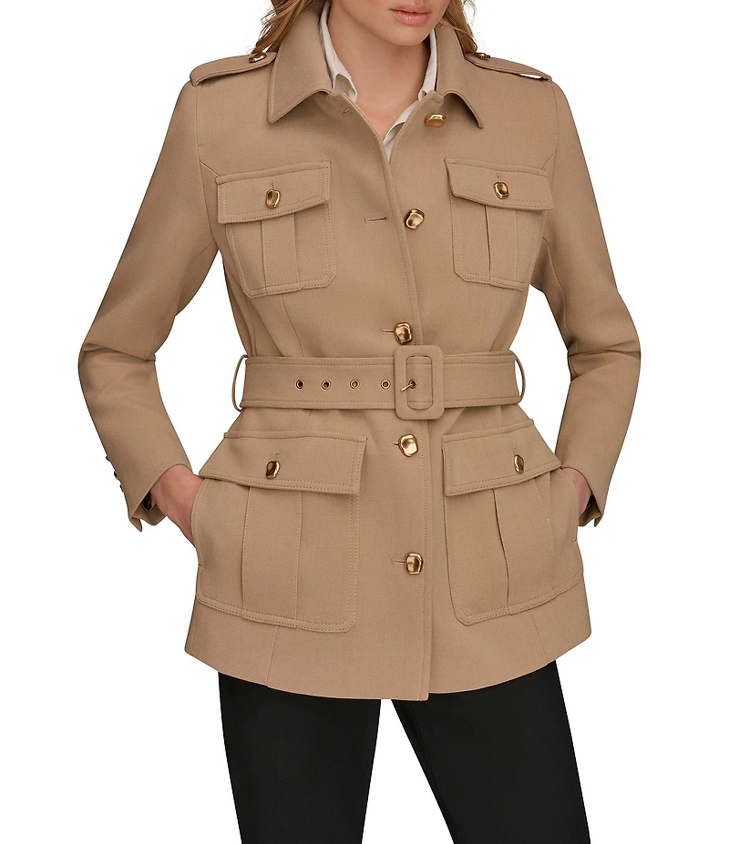 Donna Karan Crepe Belted Military Blazer Modern Coat
