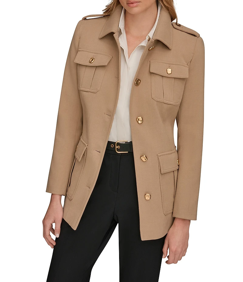 Donna Karan Crepe Belted Military Blazer Modern Coat