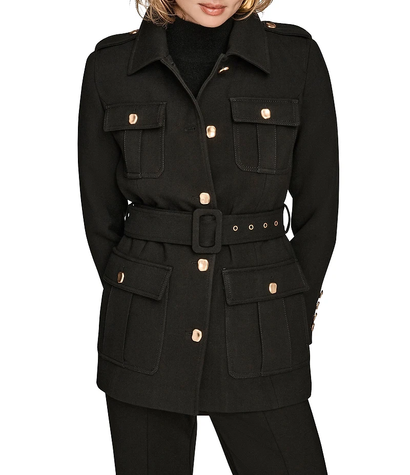 Donna Karan Crepe Belted Military Blazer Modern Coat