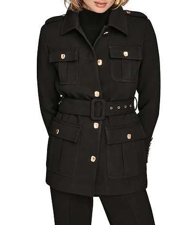 Donna Karan Crepe Belted Military Blazer Modern Coat
