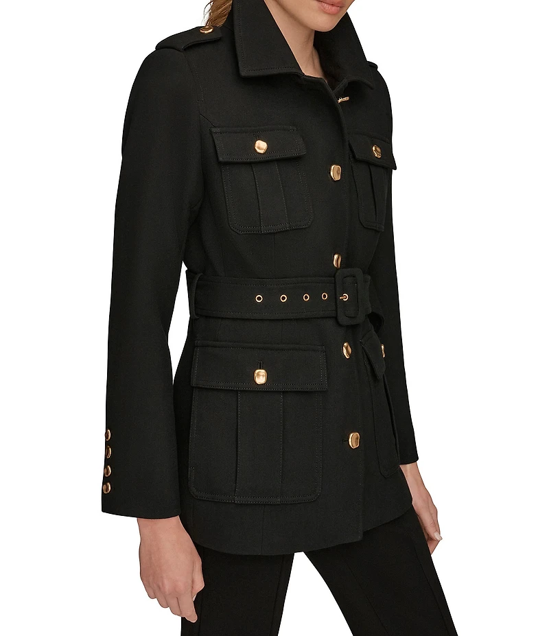 Donna Karan Crepe Belted Military Blazer Modern Coat