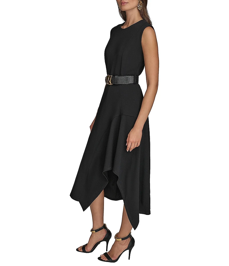 Donna Karan Crepe Crew Neck Sleeveless Belted Asymmetrical Hemline Midi Sheath Dress