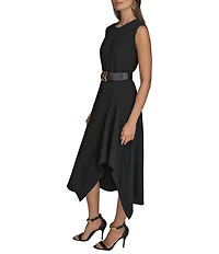 Donna Karan Crepe Crew Neck Sleeveless Belted Asymmetrical Hemline Midi Sheath Dress