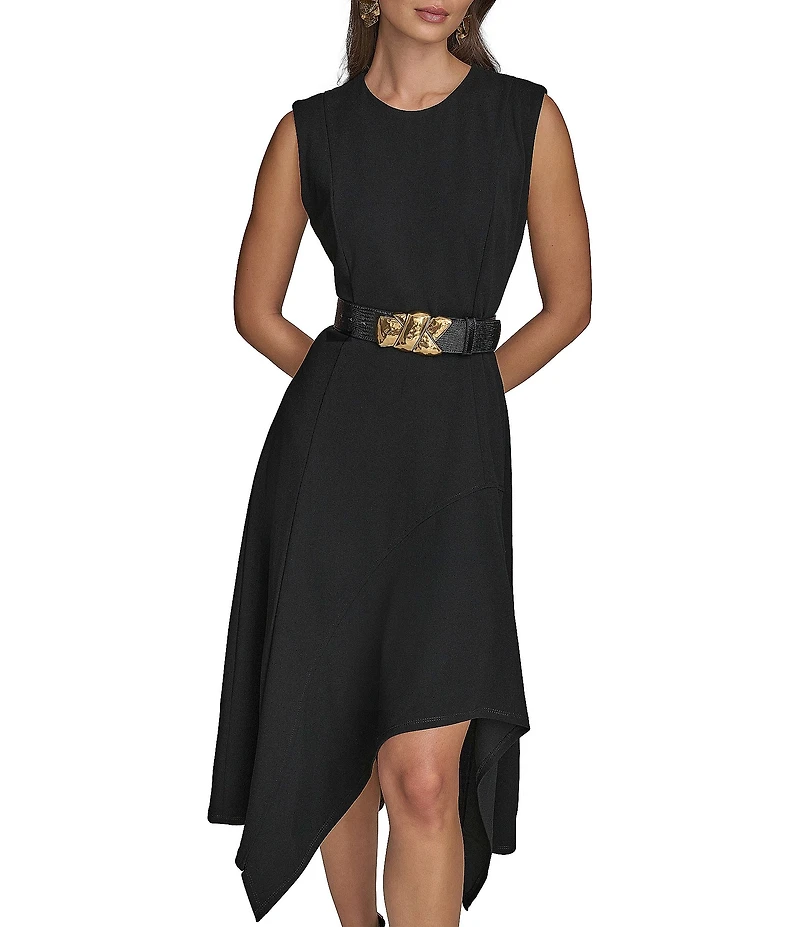 Donna Karan Crepe Crew Neck Sleeveless Belted Asymmetrical Hemline Midi Sheath Dress
