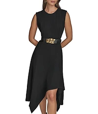 Donna Karan Crepe Crew Neck Sleeveless Belted Asymmetrical Hemline Midi Sheath Dress
