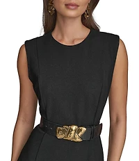 Donna Karan Crepe Crew Neck Sleeveless Belted Asymmetrical Hemline Midi Sheath Dress
