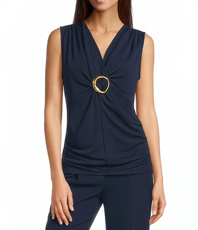 Donna Karan Crepe Jersey Deep V-Neck Sleeveless Hardware Detail Top