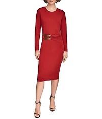 Donna Karan Crepe Jersey Crew Neck Long Sleeve Hardware Ruche Waist Sheath Dress