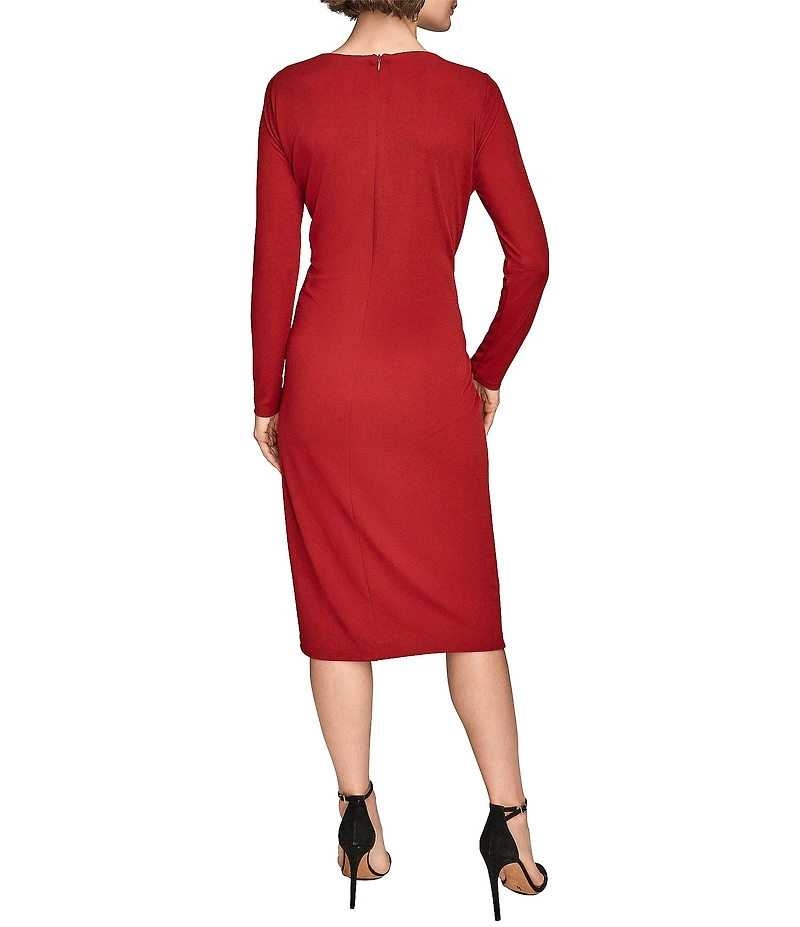 Donna Karan Crepe Jersey Crew Neck Long Sleeve Hardware Ruche Waist Sheath Dress