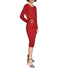 Donna Karan Crepe Jersey Crew Neck Long Sleeve Hardware Ruche Waist Sheath Dress