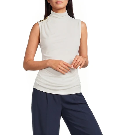 Donna Karan Crepe Jersey Mock Neck Sleeveless Button Shoulder Cami