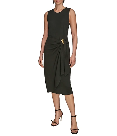 Donna Karan Crepe Jersey Round Neck Sleeveless Drape Waist Hardware Midi Dress