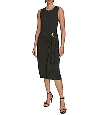 Donna Karan Crepe Jersey Round Neck Sleeveless Drape Waist Hardware Midi Dress