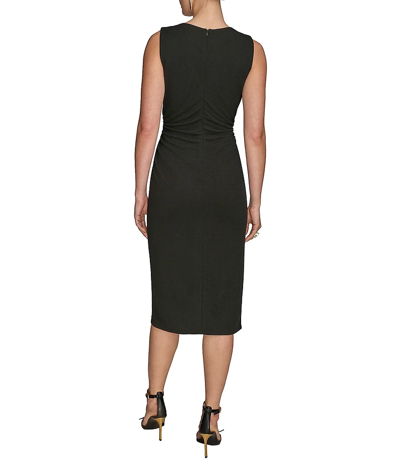 Donna Karan Crepe Jersey Round Neck Sleeveless Drape Waist Hardware Midi Dress