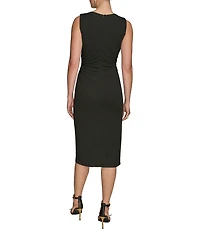 Donna Karan Crepe Jersey Round Neck Sleeveless Drape Waist Hardware Midi Dress