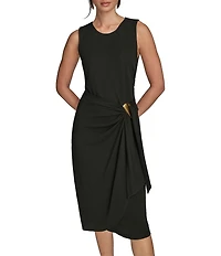 Donna Karan Crepe Jersey Round Neck Sleeveless Drape Waist Hardware Midi Dress
