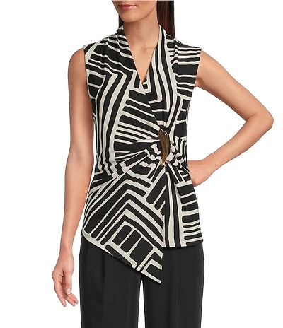 Donna Karan Crepe Sleeveless Novelty Bar Faux Wrap Top
