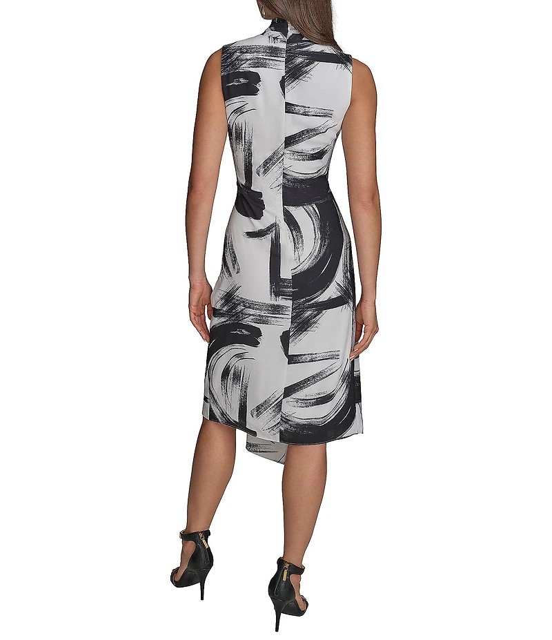 Donna Karan Crepe V-Neck Sleeveless Faux Wrap Midi Dress