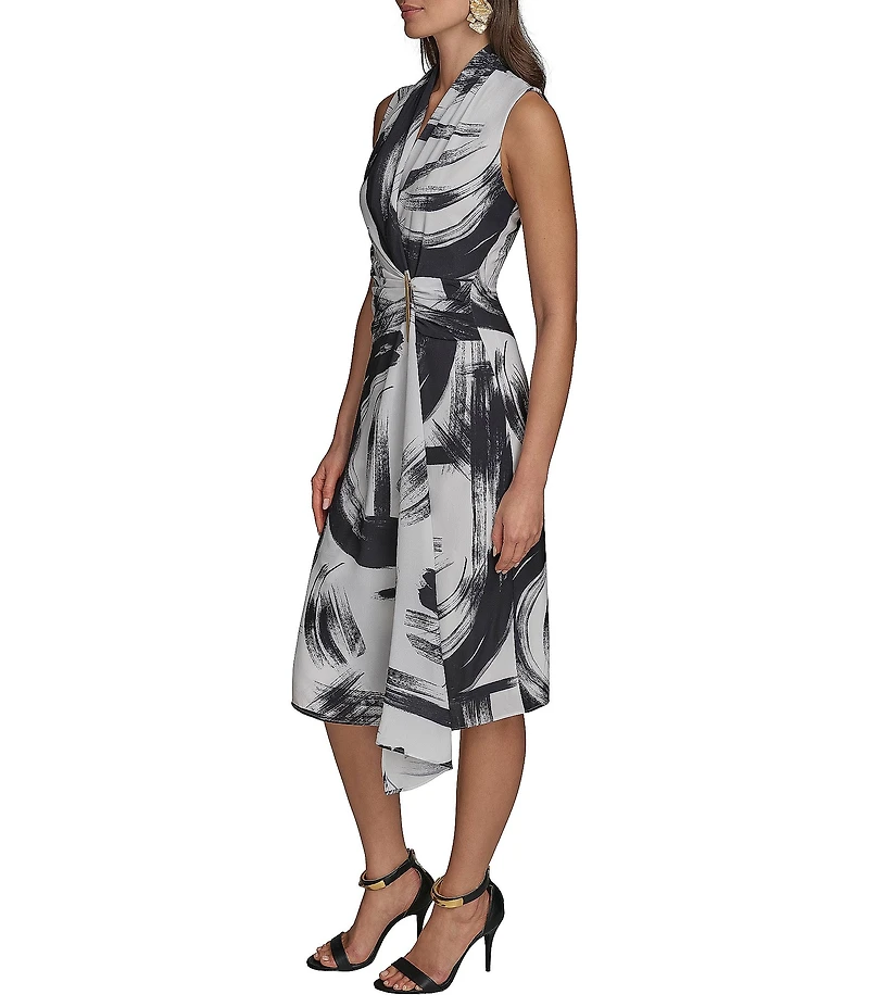Donna Karan Crepe V-Neck Sleeveless Faux Wrap Midi Dress