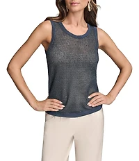 Donna Karan Crew Neck Sequined Crochet Sleeveless Shell